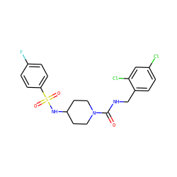O=C(NCc1ccc(Cl)cc1Cl)N1CCC(NS(=O)(=O)c2ccc(F)cc2)CC1 ZINC000045384244