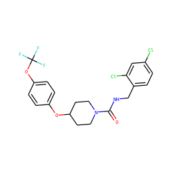 O=C(NCc1ccc(Cl)cc1Cl)N1CCC(Oc2ccc(OC(F)(F)F)cc2)CC1 ZINC000045339561