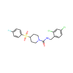 O=C(NCc1ccc(Cl)cc1Cl)N1CCC(S(=O)(=O)c2ccc(F)cc2)CC1 ZINC000045339352