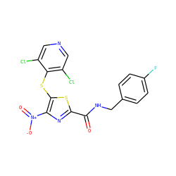 O=C(NCc1ccc(F)cc1)c1nc([N+](=O)[O-])c(Sc2c(Cl)cncc2Cl)s1 ZINC001772657633
