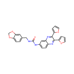 O=C(NCc1ccc2c(c1)OCO2)Nc1ccc2nc(-c3ccco3)c(-c3ccco3)nc2c1 ZINC000001122596