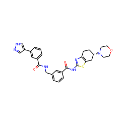 O=C(NCc1cccc(C(=O)Nc2nc3c(s2)C[C@@H](N2CCOCC2)CC3)c1)c1cccc(-c2cn[nH]c2)c1 ZINC000167970582