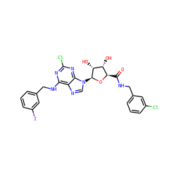 O=C(NCc1cccc(Cl)c1)[C@H]1O[C@@H](n2cnc3c(NCc4cccc(I)c4)nc(Cl)nc32)[C@H](O)[C@@H]1O ZINC000096900753