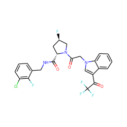 O=C(NCc1cccc(Cl)c1F)[C@@H]1C[C@@H](F)CN1C(=O)Cn1cc(C(=O)C(F)(F)F)c2ccccc21 ZINC000148259595