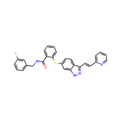 O=C(NCc1cccc(F)c1)c1ccccc1Sc1ccc2c(/C=C/c3ccccn3)n[nH]c2c1 ZINC000197971870