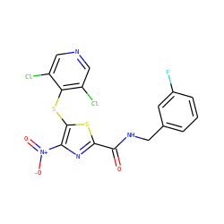 O=C(NCc1cccc(F)c1)c1nc([N+](=O)[O-])c(Sc2c(Cl)cncc2Cl)s1 ZINC001772635755