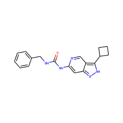 O=C(NCc1ccccc1)Nc1cc2n[nH]c(C3CCC3)c2cn1 ZINC000219744890
