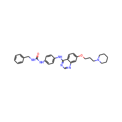 O=C(NCc1ccccc1)Nc1ccc(Nc2ncnc3cc(OCCCN4CCCCC4)ccc23)cc1 ZINC000198322665