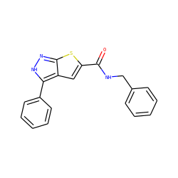 O=C(NCc1ccccc1)c1cc2c(-c3ccccc3)[nH]nc2s1 ZINC000028564965