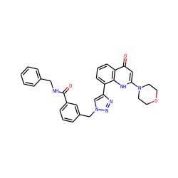 O=C(NCc1ccccc1)c1cccc(Cn2cc(-c3cccc4c(=O)cc(N5CCOCC5)[nH]c34)nn2)c1 ZINC000204316100