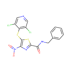 O=C(NCc1ccccc1)c1nc([N+](=O)[O-])c(Sc2c(Cl)cncc2Cl)s1 ZINC001772623675