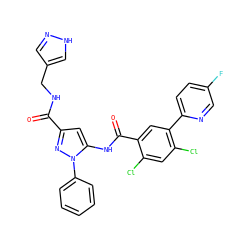O=C(NCc1cn[nH]c1)c1cc(NC(=O)c2cc(-c3ccc(F)cn3)c(Cl)cc2Cl)n(-c2ccccc2)n1 ZINC001772636040
