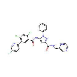 O=C(NCc1cnccn1)c1cc(NC(=O)c2cc(-c3ccc(F)cn3)c(Cl)cc2Cl)n(-c2ccccc2)n1 ZINC001772592727