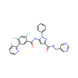 O=C(NCc1cncnc1)c1cc(NC(=O)c2cc(-c3ncccc3F)c(Cl)cc2Cl)n(-c2ccccc2)n1 ZINC001772619002