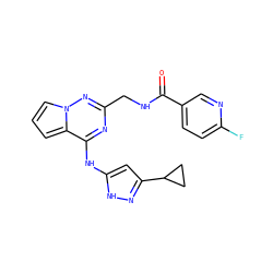 O=C(NCc1nc(Nc2cc(C3CC3)n[nH]2)c2cccn2n1)c1ccc(F)nc1 ZINC000058591398