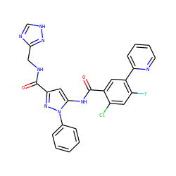 O=C(NCc1nc[nH]n1)c1cc(NC(=O)c2cc(-c3ccccn3)c(F)cc2Cl)n(-c2ccccc2)n1 ZINC001772592134