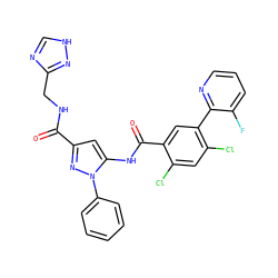 O=C(NCc1nc[nH]n1)c1cc(NC(=O)c2cc(-c3ncccc3F)c(Cl)cc2Cl)n(-c2ccccc2)n1 ZINC001772642330