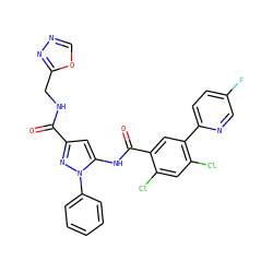 O=C(NCc1nnco1)c1cc(NC(=O)c2cc(-c3ccc(F)cn3)c(Cl)cc2Cl)n(-c2ccccc2)n1 ZINC001772581814