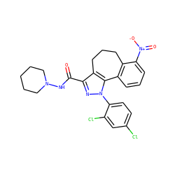 O=C(NN1CCCCC1)c1nn(-c2ccc(Cl)cc2Cl)c2c1CCCc1c-2cccc1[N+](=O)[O-] ZINC000098085522