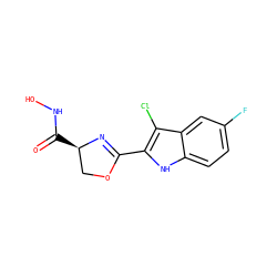 O=C(NO)[C@@H]1COC(c2[nH]c3ccc(F)cc3c2Cl)=N1 ZINC000013474942
