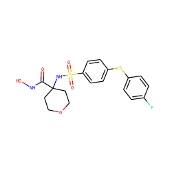 O=C(NO)C1(NS(=O)(=O)c2ccc(Sc3ccc(F)cc3)cc2)CCOCC1 ZINC000026994928