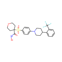 O=C(NO)C1(S(=O)(=O)c2ccc(N3CCC(c4ccccc4C(F)(F)F)CC3)cc2)CCOCC1 ZINC000049047839