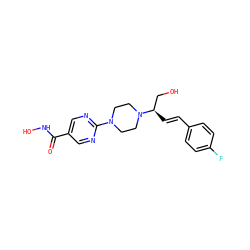 O=C(NO)c1cnc(N2CCN([C@H](/C=C/c3ccc(F)cc3)CO)CC2)nc1 ZINC000034635540