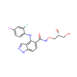 O=C(NOC[C@H](O)CO)c1ccc2[nH]ncc2c1Nc1ccc(I)cc1F ZINC000084738969