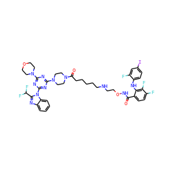 O=C(NOCCNCCCCCC(=O)N1CCN(c2nc(N3CCOCC3)nc(-n3c(C(F)F)nc4ccccc43)n2)CC1)c1ccc(F)c(F)c1Nc1ccc(I)cc1F ZINC000653915657
