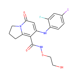 O=C(NOCCO)c1c(Nc2ccc(I)cc2F)cc(=O)n2c1CCC2 ZINC000084602483