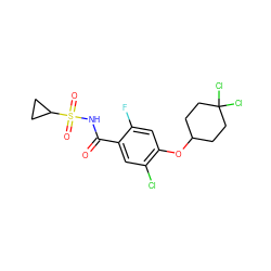 O=C(NS(=O)(=O)C1CC1)c1cc(Cl)c(OC2CCC(Cl)(Cl)CC2)cc1F ZINC000261186718