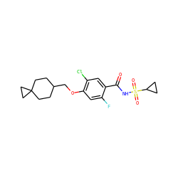 O=C(NS(=O)(=O)C1CC1)c1cc(Cl)c(OCC2CCC3(CC2)CC3)cc1F ZINC000216243867