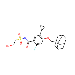 O=C(NS(=O)(=O)CCO)c1cc(C2CC2)c(OCC23CC4CC(CC(C4)C2)C3)cc1F ZINC000216202973
