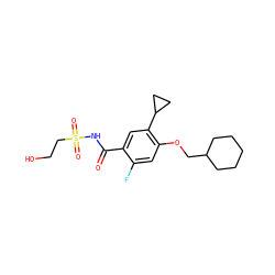 O=C(NS(=O)(=O)CCO)c1cc(C2CC2)c(OCC2CCCCC2)cc1F ZINC000216242221