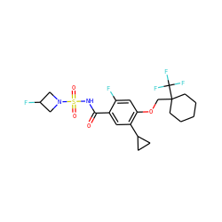 O=C(NS(=O)(=O)N1CC(F)C1)c1cc(C2CC2)c(OCC2(C(F)(F)F)CCCCC2)cc1F ZINC000225246011