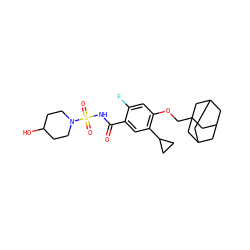 O=C(NS(=O)(=O)N1CCC(O)CC1)c1cc(C2CC2)c(OCC23CC4CC(CC(C4)C2)C3)cc1F ZINC000217397892