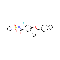 O=C(NS(=O)(=O)N1CCC1)c1cc(C2CC2)c(OCC2CCC3(CCC3)CC2)cc1F ZINC000216239932