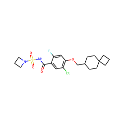 O=C(NS(=O)(=O)N1CCC1)c1cc(Cl)c(OCC2CCC3(CCC3)CC2)cc1F ZINC000216239865