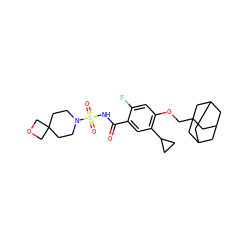 O=C(NS(=O)(=O)N1CCC2(CC1)COC2)c1cc(C2CC2)c(OCC23CC4CC(CC(C4)C2)C3)cc1F ZINC000225247657