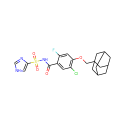 O=C(NS(=O)(=O)c1c[nH]cn1)c1cc(Cl)c(OCC23CC4CC(CC(C4)C2)C3)cc1F ZINC000261147767