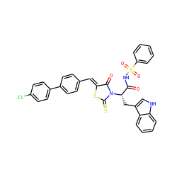 O=C(NS(=O)(=O)c1ccccc1)[C@H](Cc1c[nH]c2ccccc12)N1C(=O)/C(=C/c2ccc(-c3ccc(Cl)cc3)cc2)SC1=S ZINC000299855974