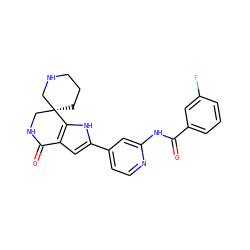 O=C(Nc1cc(-c2cc3c([nH]2)[C@@]2(CCCNC2)CNC3=O)ccn1)c1cccc(F)c1 ZINC000073219233
