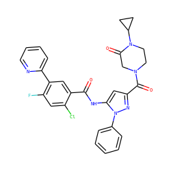 O=C(Nc1cc(C(=O)N2CCN(C3CC3)C(=O)C2)nn1-c1ccccc1)c1cc(-c2ccccn2)c(F)cc1Cl ZINC001772585171