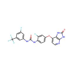 O=C(Nc1cc(F)cc(C(F)(F)F)c1)Nc1ccc(Oc2ccnc3[nH]c(=O)[nH]c23)cc1F ZINC000040976708