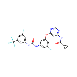 O=C(Nc1cc(F)cc(Oc2cc(NC(=O)C3CC3)ncn2)c1)Nc1cc(F)cc(C(F)(F)F)c1 ZINC001772585176