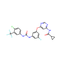 O=C(Nc1cc(F)cc(Oc2cc(NC(=O)C3CC3)ncn2)c1)Nc1ccc(Cl)c(C(F)(F)F)c1 ZINC001772580829