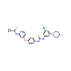O=C(Nc1cc(N2CCC(F)CC2)cc(C(F)(F)F)c1)Nc1ccc(Oc2ccnc(NC(=O)C3CC3)c2)c(F)c1 ZINC001772578136