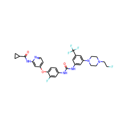 O=C(Nc1cc(N2CCN(CCF)CC2)cc(C(F)(F)F)c1)Nc1ccc(Oc2ccnc(NC(=O)C3CC3)c2)c(F)c1 ZINC001772618102