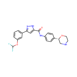O=C(Nc1ccc([C@H]2CNCCO2)cc1)c1cc(-c2cccc(OC(F)F)c2)n[nH]1 ZINC000150101186
