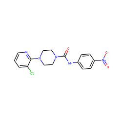 O=C(Nc1ccc([N+](=O)[O-])cc1)N1CCN(c2ncccc2Cl)CC1 ZINC000013553821